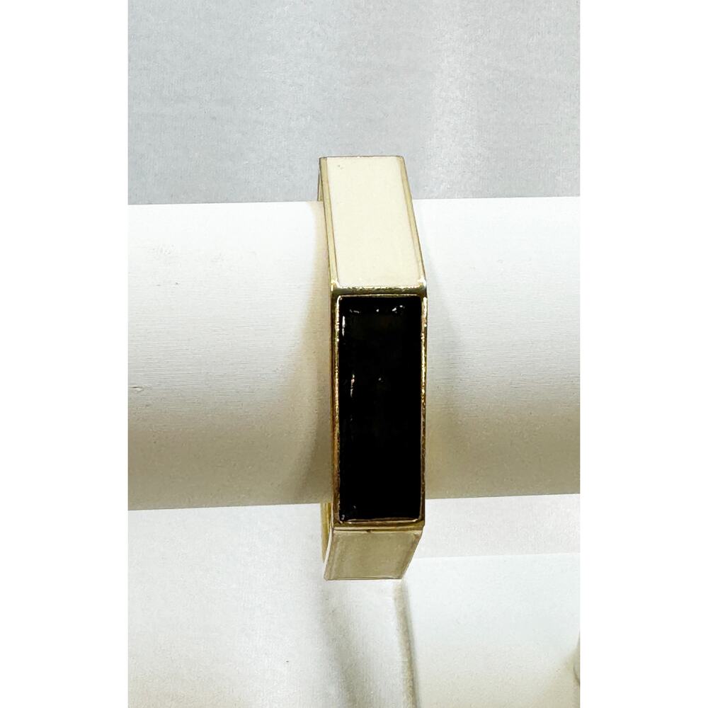 Vintage Black White Enamel Hinged Bangle Bracelet Gold Tone Geometric 1/2" B088 - Picture 3 of 4